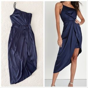 NWOT Lulus Law of Attraction Navy Blue Satin One-Shoulder Midi Dress